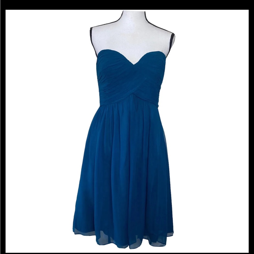DONNA MORGAN Silk Dress Size 10 Teal Pleated Strapless Empire Waist Whimsical